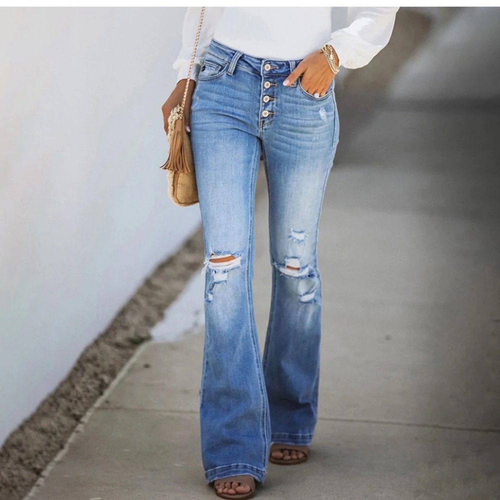 High Mid Rise Button Front Distressed Flare Denim Jean S 27 28 29 Light Wash New